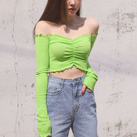 Neon Green Frill Off Shoulder Crop Tee - Thumbnail 7