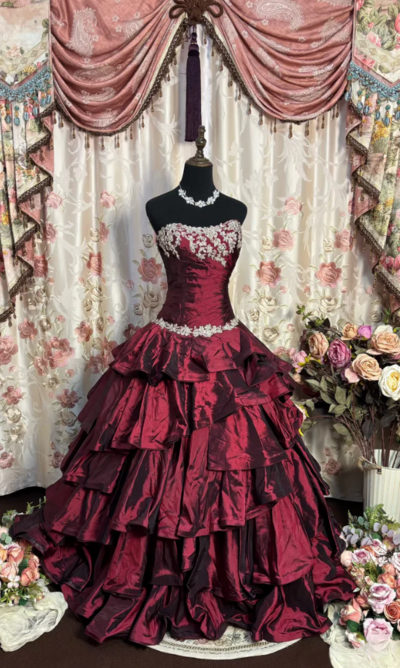 Strapless Burgundy Taffeta Ball Gown Prom Dresses 80s Prom Gowns