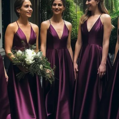 A line spaghetti straps grape satin bridesmaid dresses
