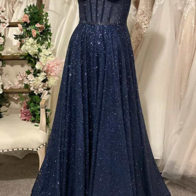 Sparkly a-line navy blue sequin prom dresses 