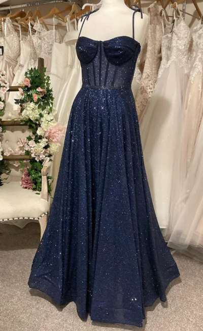 Sparkly A-Line Navy Blue Sequin Prom Dresses 