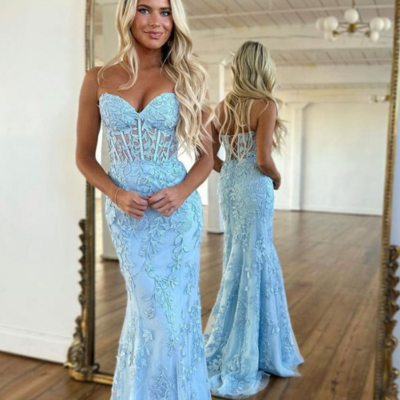 Mermaid blue strapless lace prom dresses, evening dress 