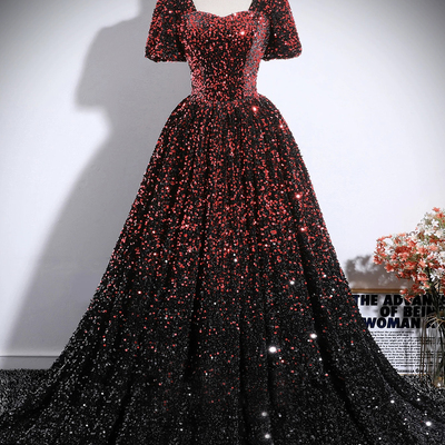Burgundy and black sequins long prom evening dress
