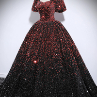 Burgundy and Black Sequins Long Prom Evening Dress - Thumbnail 1