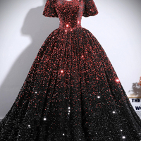 Burgundy and Black Sequins Long Prom Evening Dress - Thumbnail 2