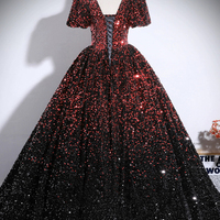 Burgundy and Black Sequins Long Prom Evening Dress - Thumbnail 3