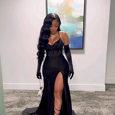 Sexy straps black split evening dress long prom dresses - Thumbnail 2