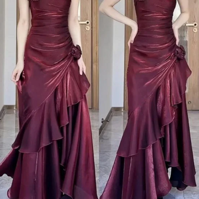 Spaghetti straps wine red tiered 3d flower evening dress - Thumbnail 1