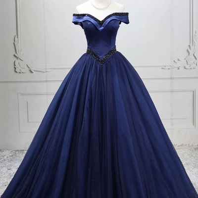 Navy tulle beads long a-line prom formal dress