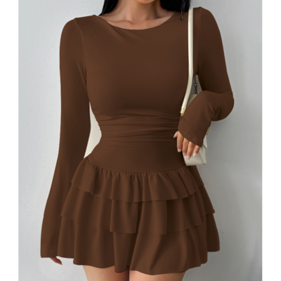 Women's solid color slim temperament long sleeved dress