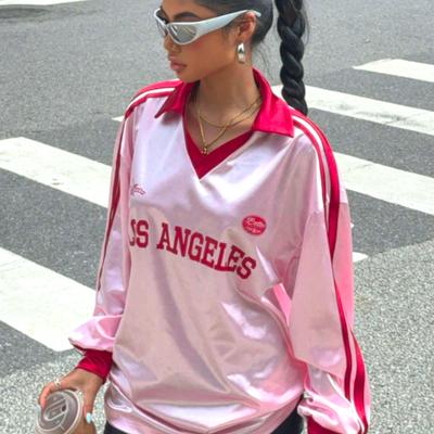 Pink la satin track top 
