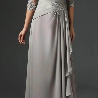 Floor length chiffon mother of bridal dress formal evening dress with lace - Thumbnail 1