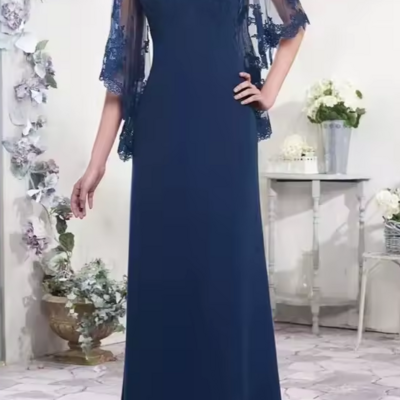 A-line chiffon navy blue mother of the bride dress lace applique formal evening gowns
