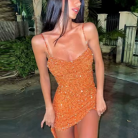Spaghetti Straps Orange Glitter Prom Dresses Short Front Long Back Cocktail Dress  - Thumbnail 1
