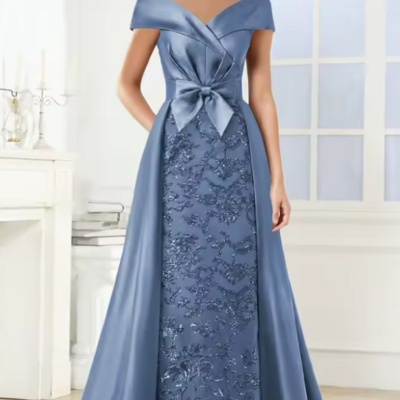 Off the shoulder satin mother of the bride dresses sequin formal prom dress with train bow - Thumbnail 3