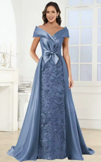 Off The Shoulder Satin Mother of The Bride Dresses Sequin Formal Prom Dress with Train Bow