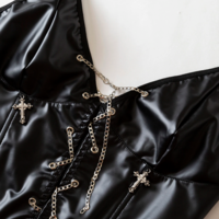 Dark Punk Leather Cross Crop Top with Metal Chain - Thumbnail 5