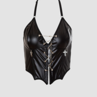 Dark Punk Leather Cross Crop Top with Metal Chain - Thumbnail 2
