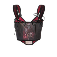 Gothic Skull Print Waistband Vest with Bow Strap Slim Fit Crop Top - Thumbnail 1