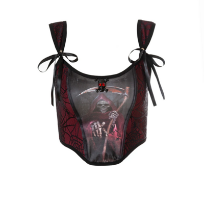 Gothic skull print waistband vest with bow strap slim fit crop top