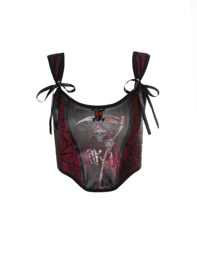 Gothic Skull Print Waistband Vest with Bow Strap Slim Fit Crop Top