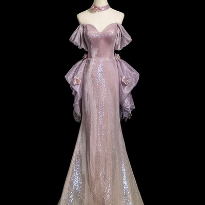 Lilac sequin mermaid prom dress off shoulder formal evening dress