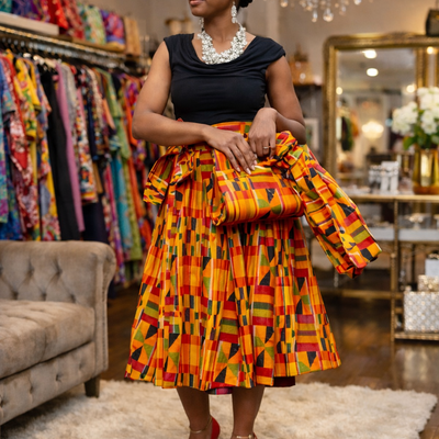 Kente calf length skirt w/ headwrap