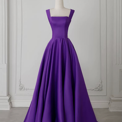 Elegant purple satin long a-line prom party dress