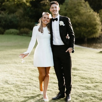 Elegant short wedding dress long sleeve o-neck buttons zipper back simple bridal gown
