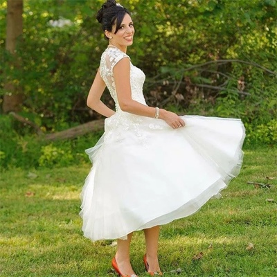 Tea length lace short a line wedding dresses garden bridal gown