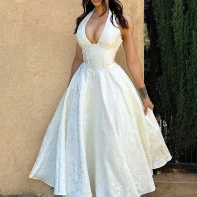 Halter a-line jacquard tea length prom dresses - Thumbnail 2