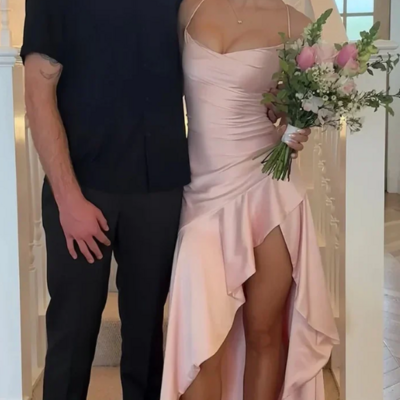 Spaghetti straps pink long backless prom dress with ruffles