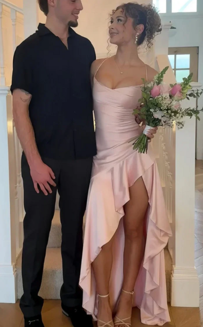 Spaghetti Straps Pink Long Backless Prom Dress With Ruffles