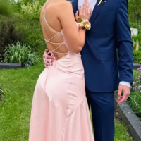 Spaghetti Straps Pink Long Backless Prom Dress With Ruffles - Thumbnail 1