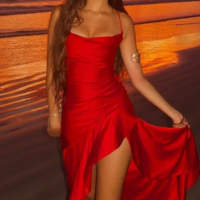 Spaghetti Straps Pink Long Backless Prom Dress With Ruffles - Thumbnail 3