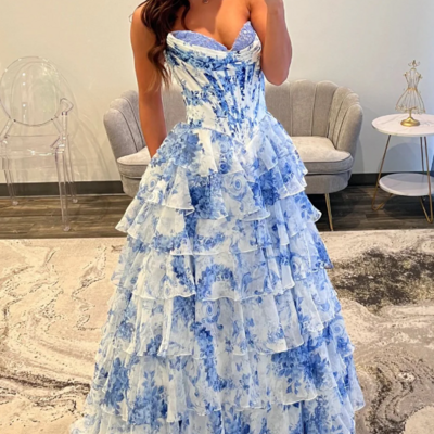 Sweetheart fairytale blue floral corset prom dresses