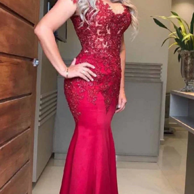 Floor length red lace mother of the bride/groom dresses prom dress