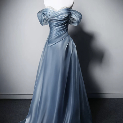 Dusty blue long a-line prom party dress