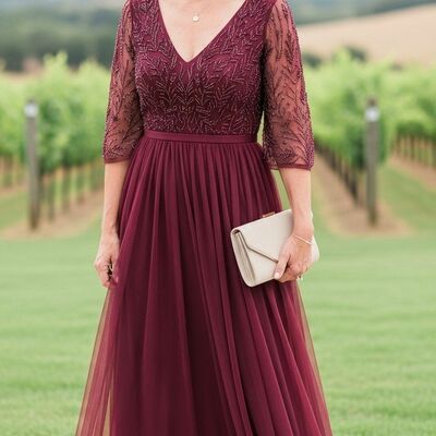 Elegant burgundy wine red a line sequins mother of bride/groom dress evening formal gowns 
