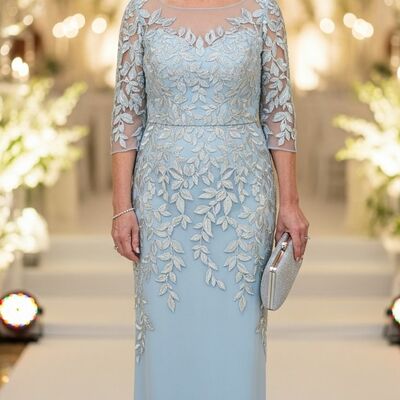 Elegant sky blue sheath lace mother of bride/groom dress evening formal gowns 
