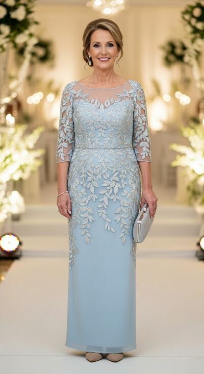 Elegant Sky Blue Sheath Lace Mother of Bride/Groom Dress Evening Formal Gowns 