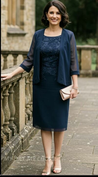Navy Blue Plus Size Sheath Lace Appliques Tea-length Mother of Bride/Groom Dress Evening Formal Gowns 
