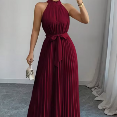  romantic elegant a-line sleeveless pleated long wine red prom dress