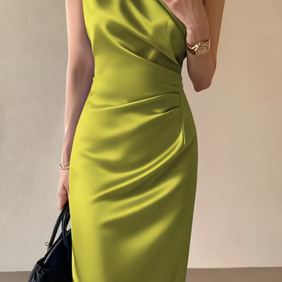 Elegant green satin pleated mother of bridal/groom dress evening formal dress