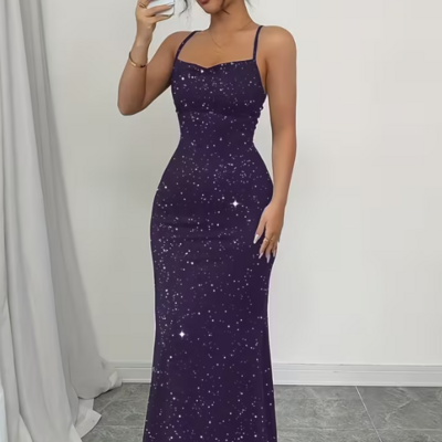 Elegant purple sequins backless prom dresses