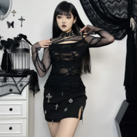 Hollow Out T-Shirt Grunge Punk Fishnet Patchwork Top - Thumbnail 1