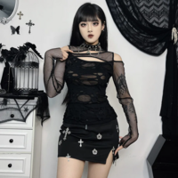Hollow Out T-Shirt Grunge Punk Fishnet Patchwork Top - Thumbnail 2