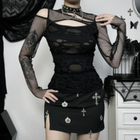 Hollow Out T-Shirt Grunge Punk Fishnet Patchwork Top - Thumbnail 4