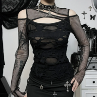 Hollow Out T-Shirt Grunge Punk Fishnet Patchwork Top - Thumbnail 5