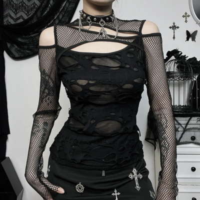 Hollow out t-shirt grunge punk fishnet patchwork top